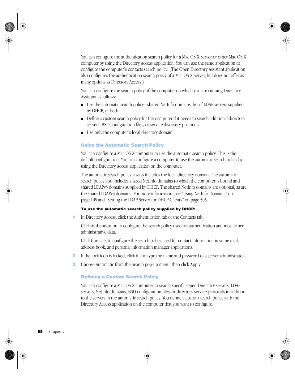 Using the automatic search policy, Defining a custom search policy | Apple Mac OS X Server (version 10.2.3 or later) User Manual | Page 88 / 690