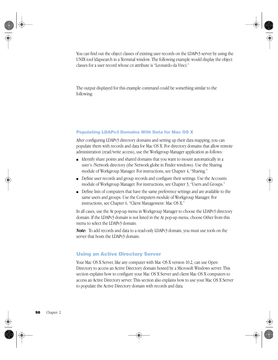 Populating ldapv3 domains with data for macosx, Using an active directory server, Using an active directory server 98 | Apple Mac OS X Server (version 10.2.3 or later) User Manual | Page 98 / 690