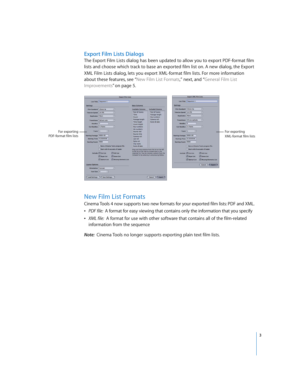 Export film lists dialogs, New film list formats | Apple Cinema Tools 4 New Features User Manual | Page 3 / 6