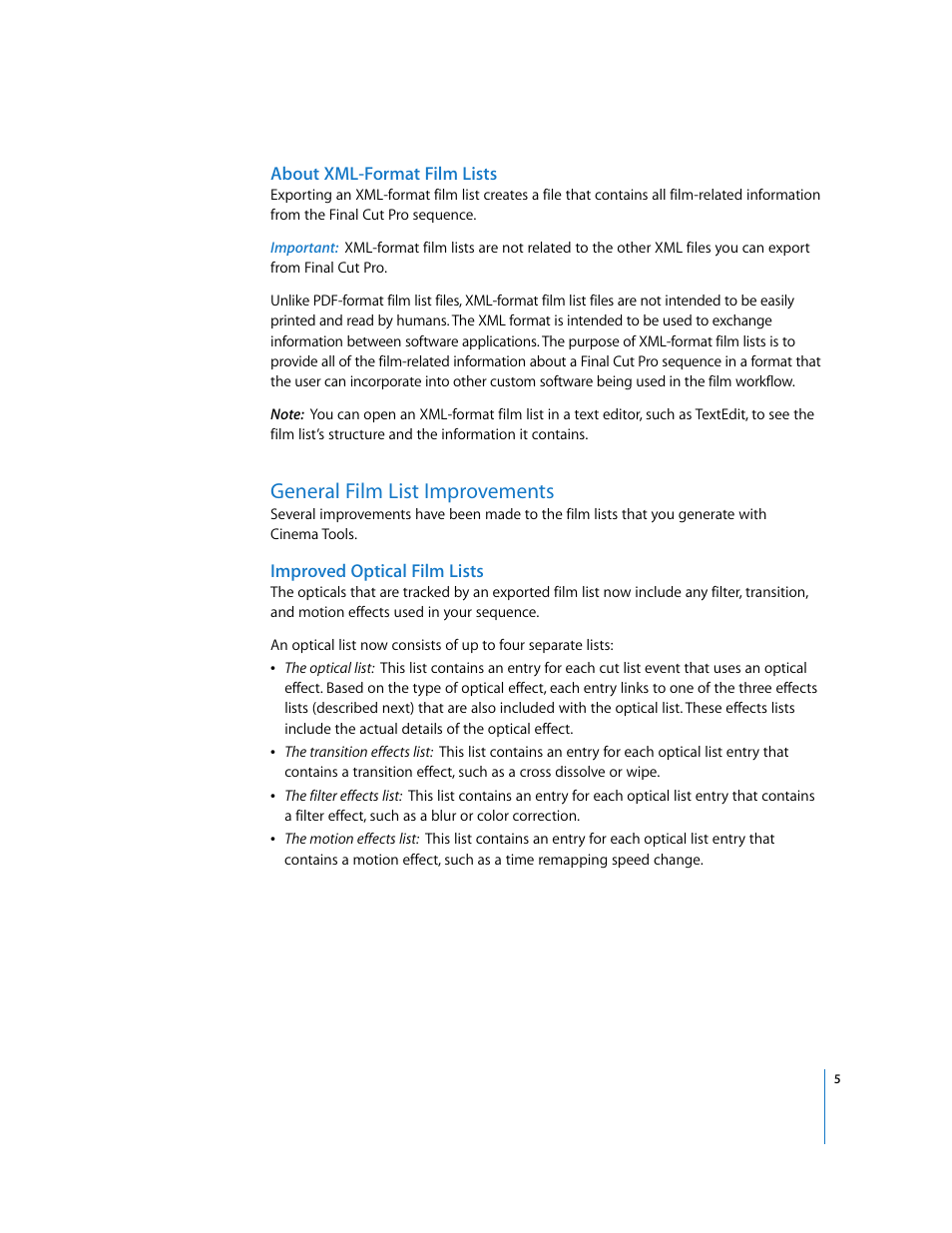 About xml-format film lists, General film list improvements, Improved optical film lists | General film list, Improvements | Apple Cinema Tools 4 New Features User Manual | Page 5 / 6