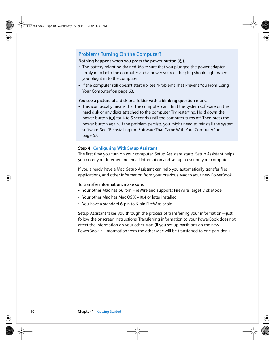 Problems turning on the computer | Apple PowerBook G4 (17-inch, Double Layer Super Drive) User Manual | Page 10 / 112