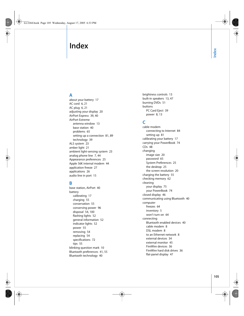 Index | Apple PowerBook G4 (17-inch, Double Layer Super Drive) User Manual | Page 105 / 112