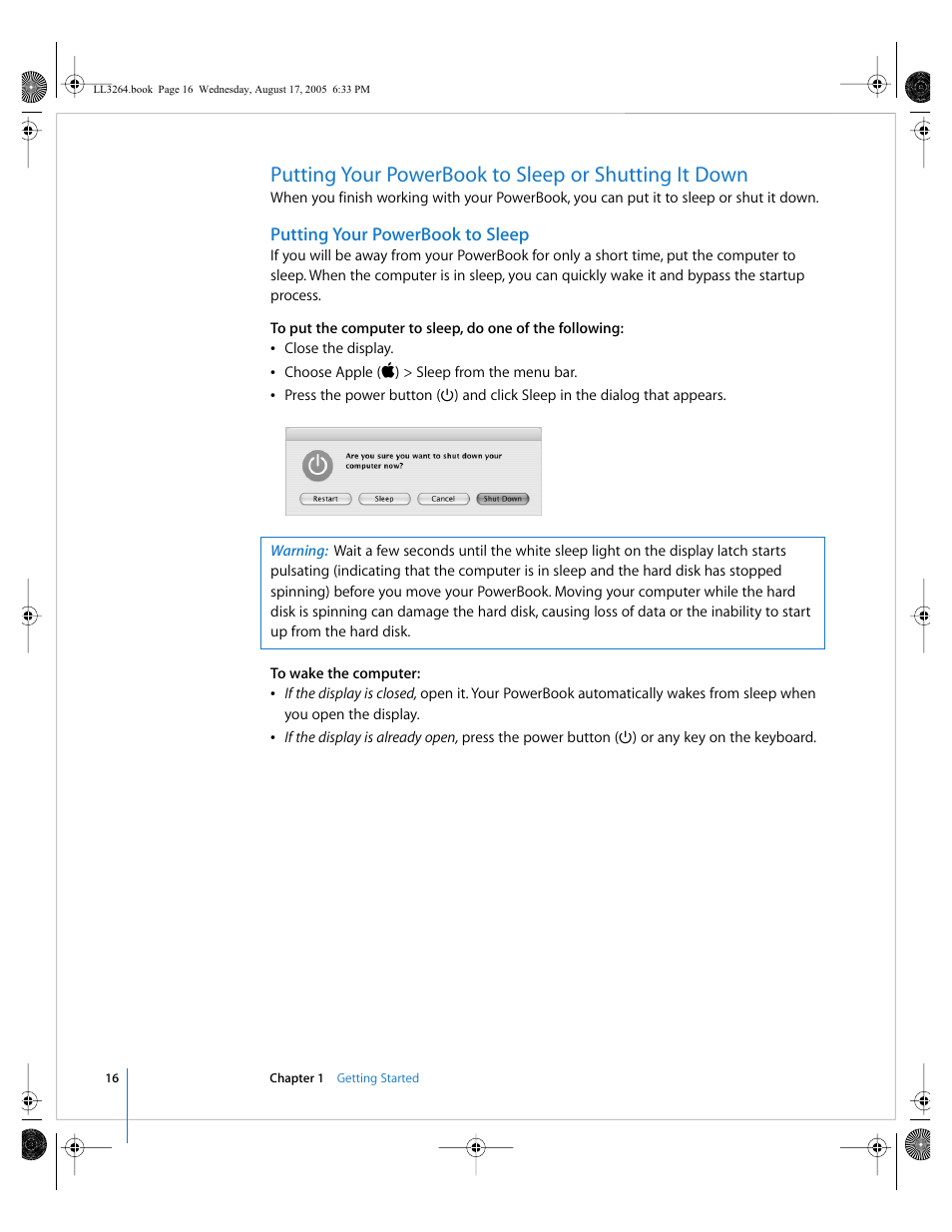 Putting your powerbook to sleep | Apple PowerBook G4 (17-inch, Double Layer Super Drive) User Manual | Page 16 / 112