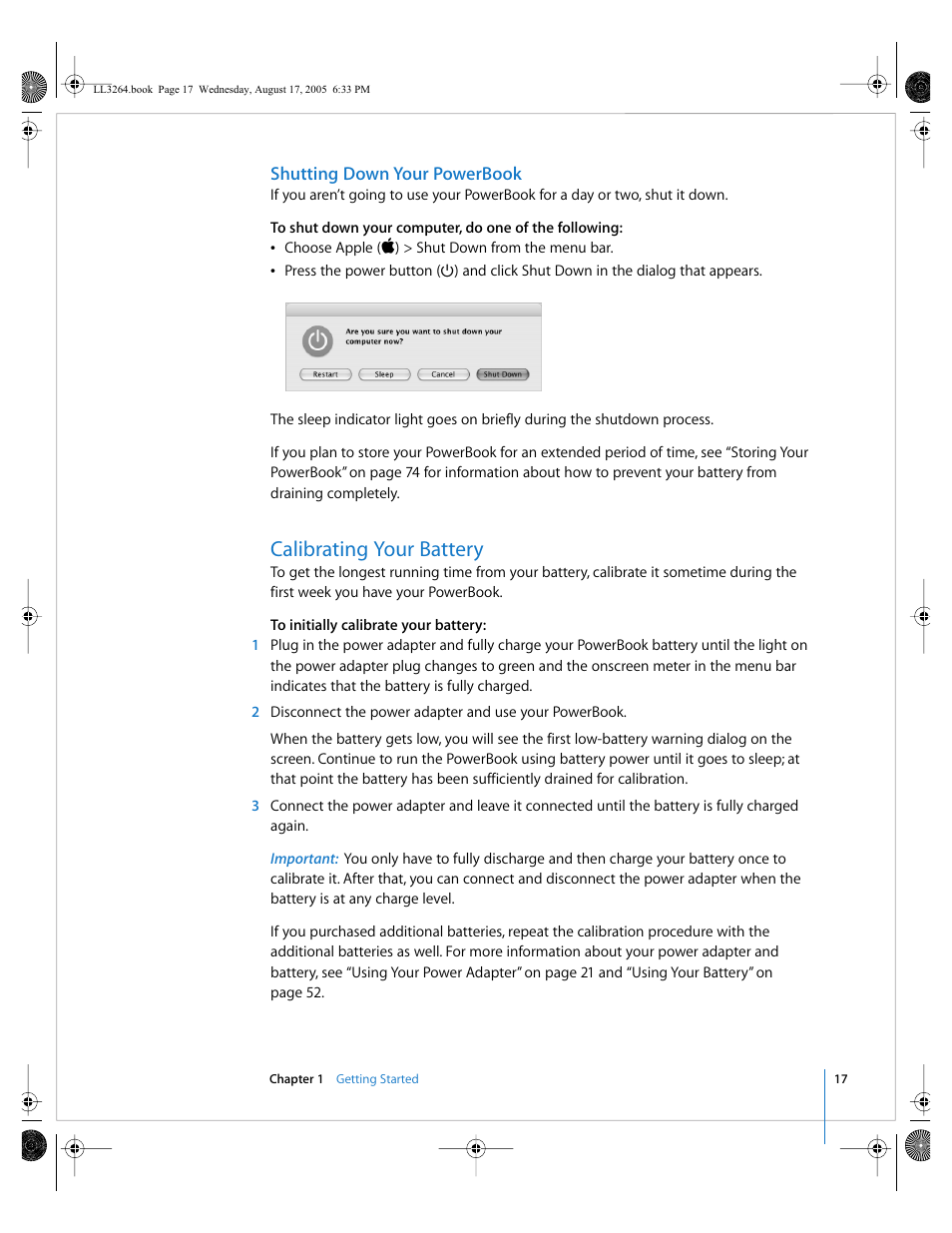 Shutting down your powerbook, Calibrating your battery | Apple PowerBook G4 (17-inch, Double Layer Super Drive) User Manual | Page 17 / 112