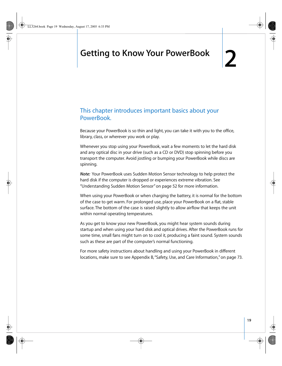 Getting to know your powerbook, Chapter 2, Check out chapter 2, “getting to | Apple PowerBook G4 (17-inch, Double Layer Super Drive) User Manual | Page 19 / 112