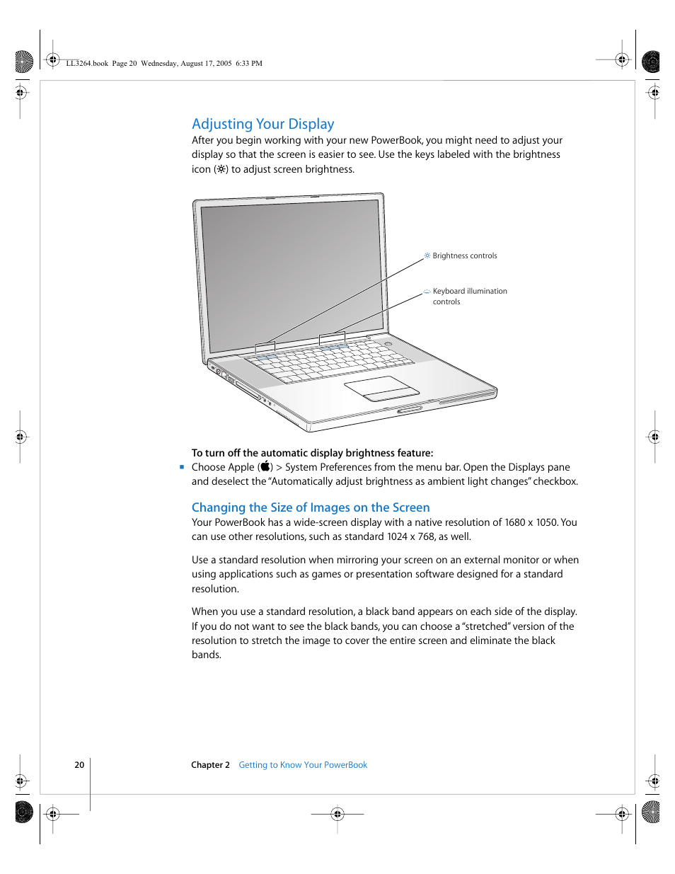 Adjusting your display, Changing the size of images on the screen | Apple PowerBook G4 (17-inch, Double Layer Super Drive) User Manual | Page 20 / 112
