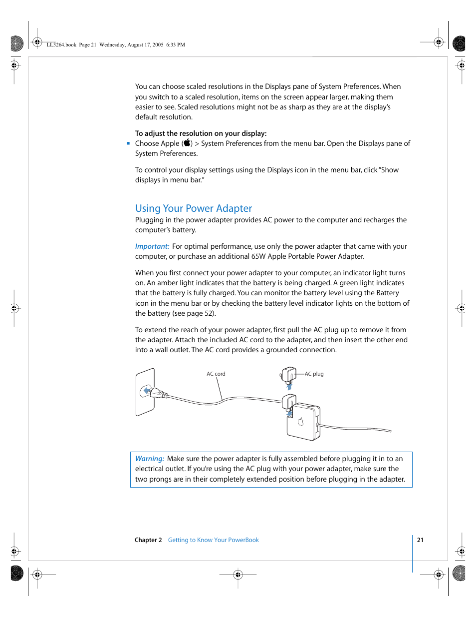 Using your power adapter | Apple PowerBook G4 (17-inch, Double Layer Super Drive) User Manual | Page 21 / 112