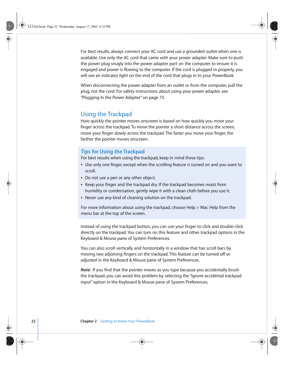 Using the trackpad, Tips for using the trackpad | Apple PowerBook G4 (17-inch, Double Layer Super Drive) User Manual | Page 22 / 112