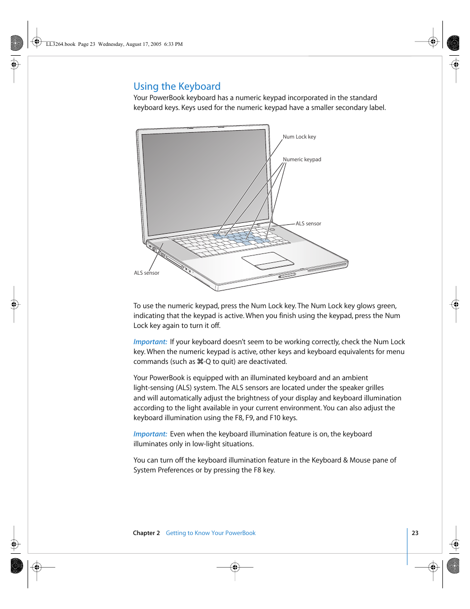 Using the keyboard | Apple PowerBook G4 (17-inch, Double Layer Super Drive) User Manual | Page 23 / 112