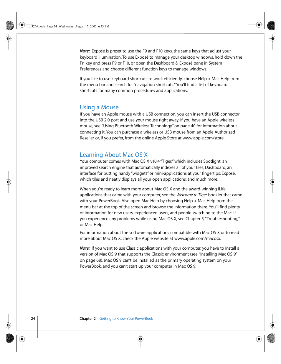 Using a mouse, Learning about mac os x | Apple PowerBook G4 (17-inch, Double Layer Super Drive) User Manual | Page 24 / 112