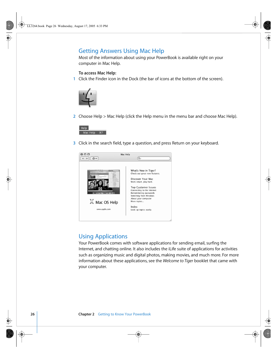 Getting answers using mac help, Using applications | Apple PowerBook G4 (17-inch, Double Layer Super Drive) User Manual | Page 26 / 112