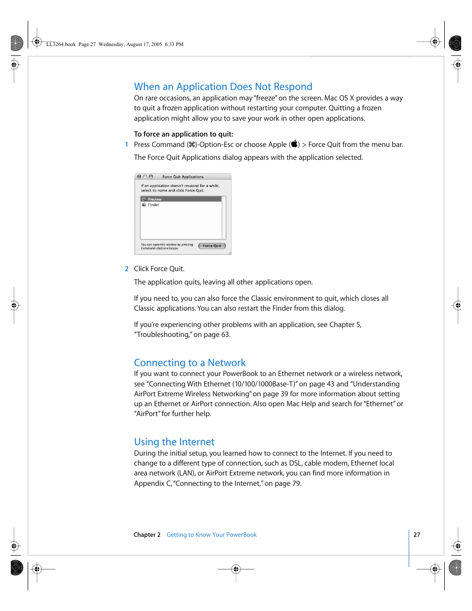 When an application does not respond, Connecting to a network, Using the internet | Apple PowerBook G4 (17-inch, Double Layer Super Drive) User Manual | Page 27 / 112