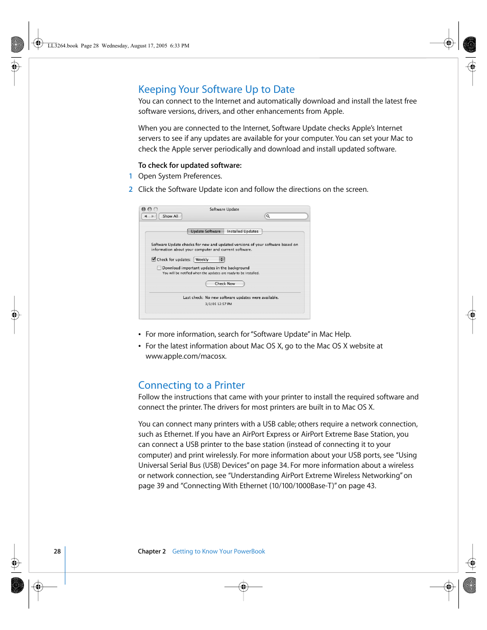 Keeping your software up to date, Connecting to a printer | Apple PowerBook G4 (17-inch, Double Layer Super Drive) User Manual | Page 28 / 112