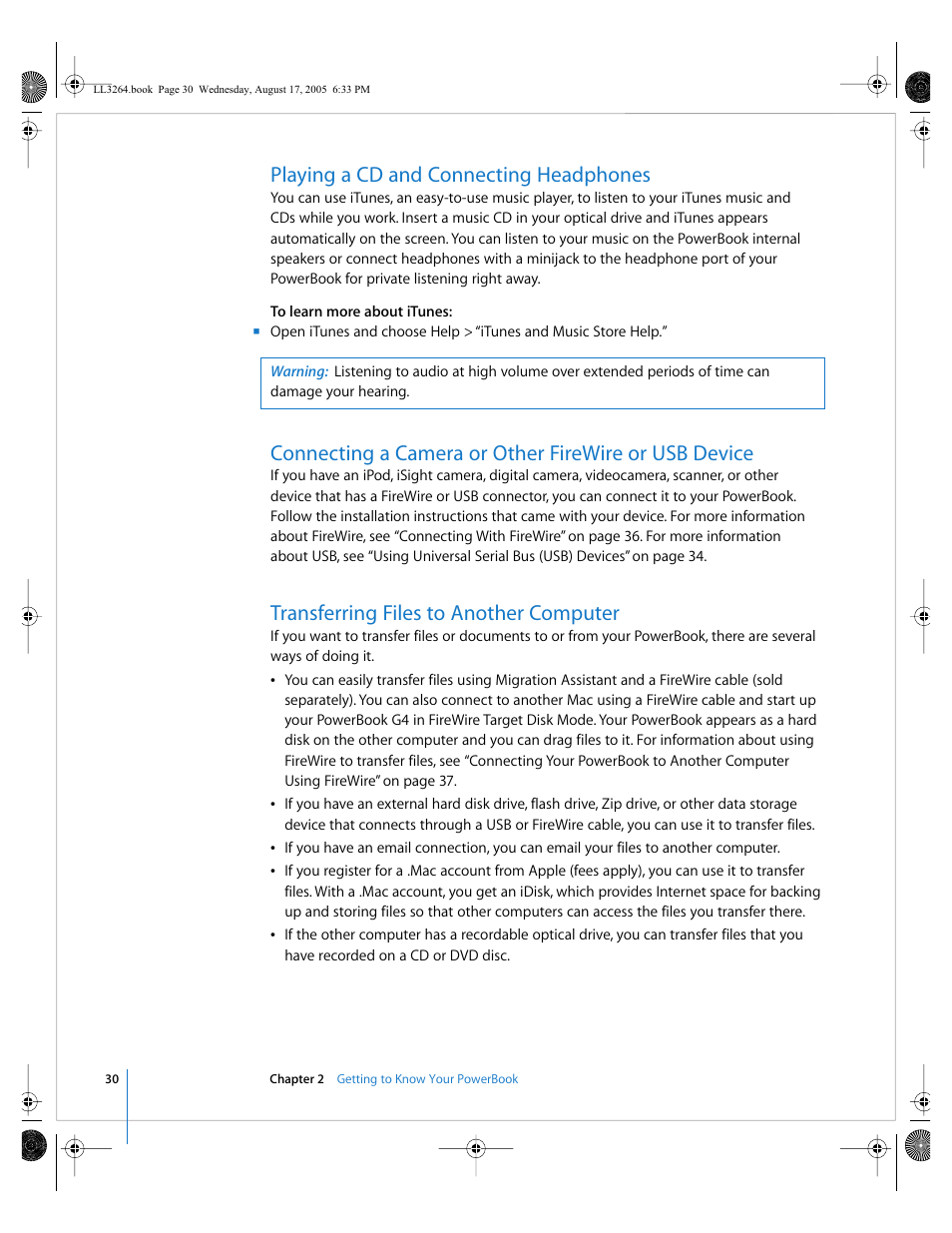 Playing a cd and connecting headphones, Transferring files to another computer | Apple PowerBook G4 (17-inch, Double Layer Super Drive) User Manual | Page 30 / 112