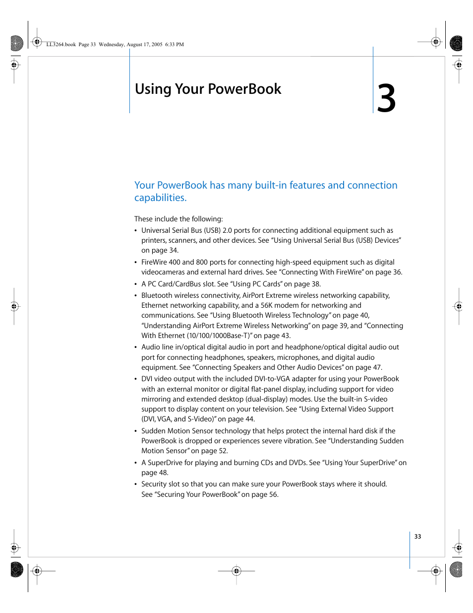 Using your powerbook, Chapter 3 | Apple PowerBook G4 (17-inch, Double Layer Super Drive) User Manual | Page 33 / 112