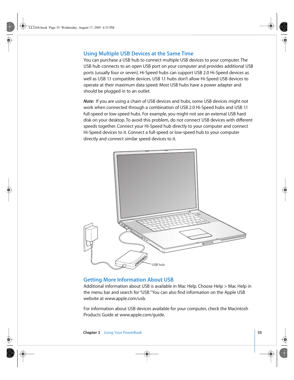 Using multiple usb devices at the same time, Getting more information about usb | Apple PowerBook G4 (17-inch, Double Layer Super Drive) User Manual | Page 35 / 112