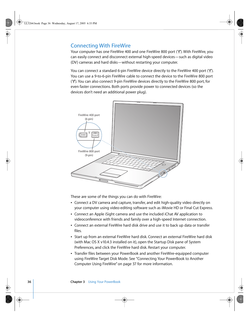 Connecting with firewire | Apple PowerBook G4 (17-inch, Double Layer Super Drive) User Manual | Page 36 / 112