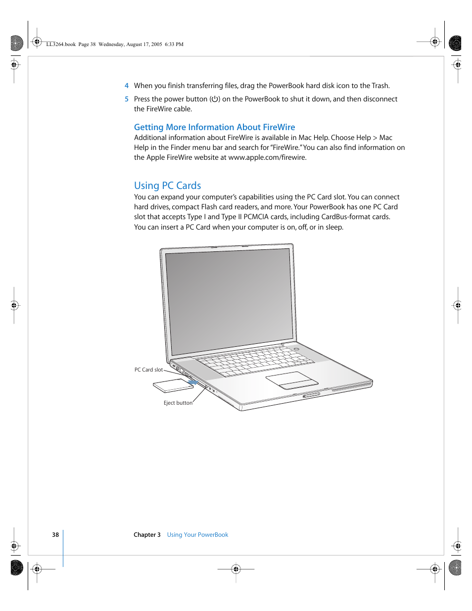 Getting more information about firewire, Using pc cards | Apple PowerBook G4 (17-inch, Double Layer Super Drive) User Manual | Page 38 / 112