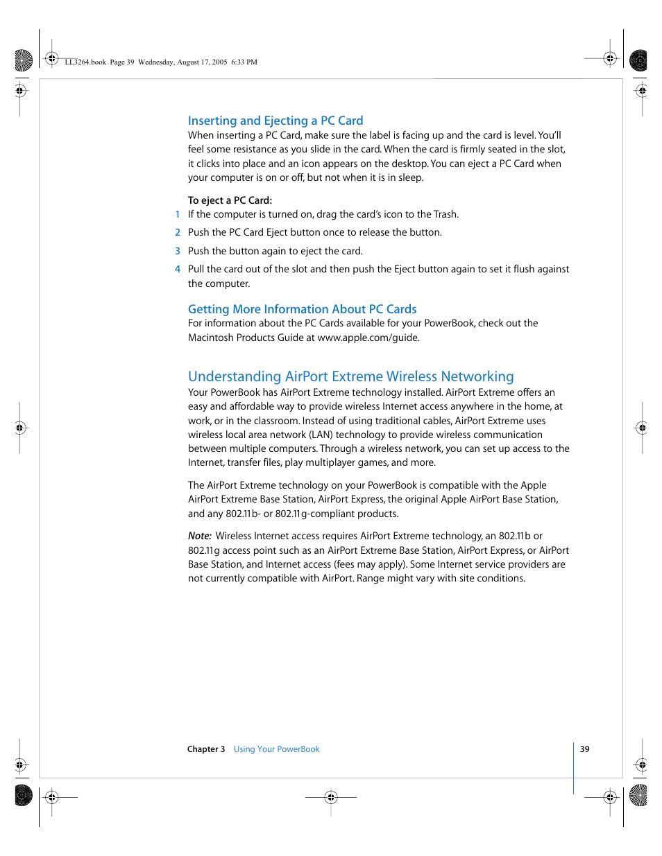 Inserting and ejecting a pc card, Getting more information about pc cards, Understanding airport extreme wireless networking | Apple PowerBook G4 (17-inch, Double Layer Super Drive) User Manual | Page 39 / 112
