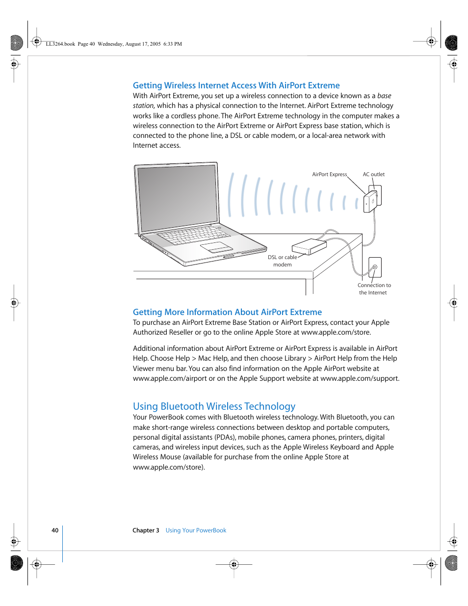 Getting more information about airport extreme, Using bluetooth wireless technology | Apple PowerBook G4 (17-inch, Double Layer Super Drive) User Manual | Page 40 / 112
