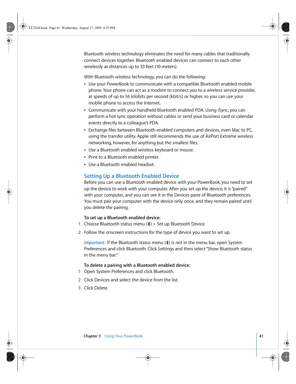 Setting up a bluetooth enabled device | Apple PowerBook G4 (17-inch, Double Layer Super Drive) User Manual | Page 41 / 112