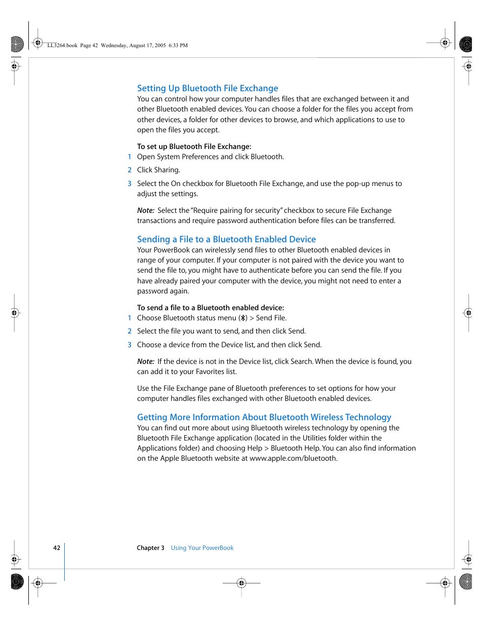 Setting up bluetooth file exchange, Sending a file to a bluetooth enabled device | Apple PowerBook G4 (17-inch, Double Layer Super Drive) User Manual | Page 42 / 112