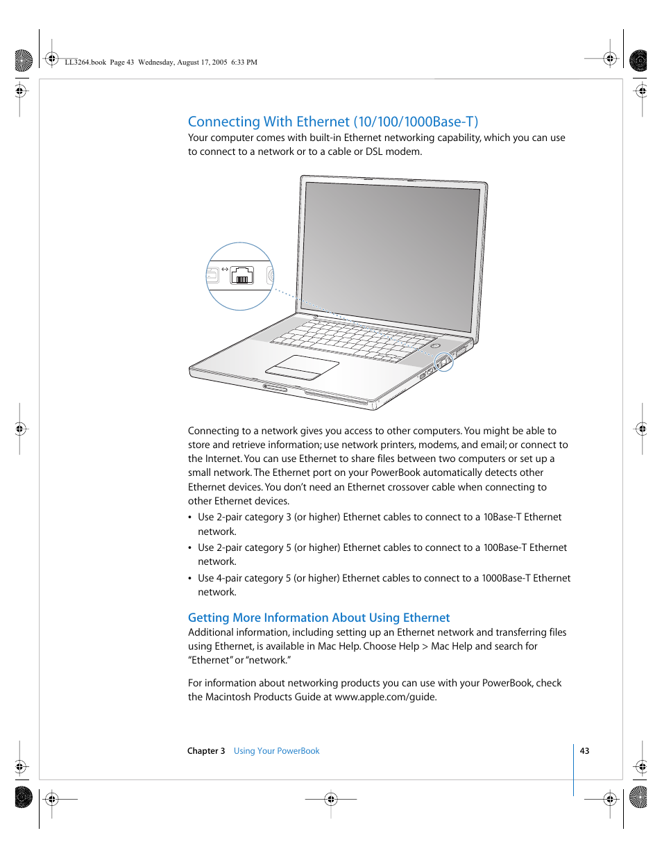 Connecting with ethernet (10/100/1000base-t), Getting more information about using ethernet | Apple PowerBook G4 (17-inch, Double Layer Super Drive) User Manual | Page 43 / 112