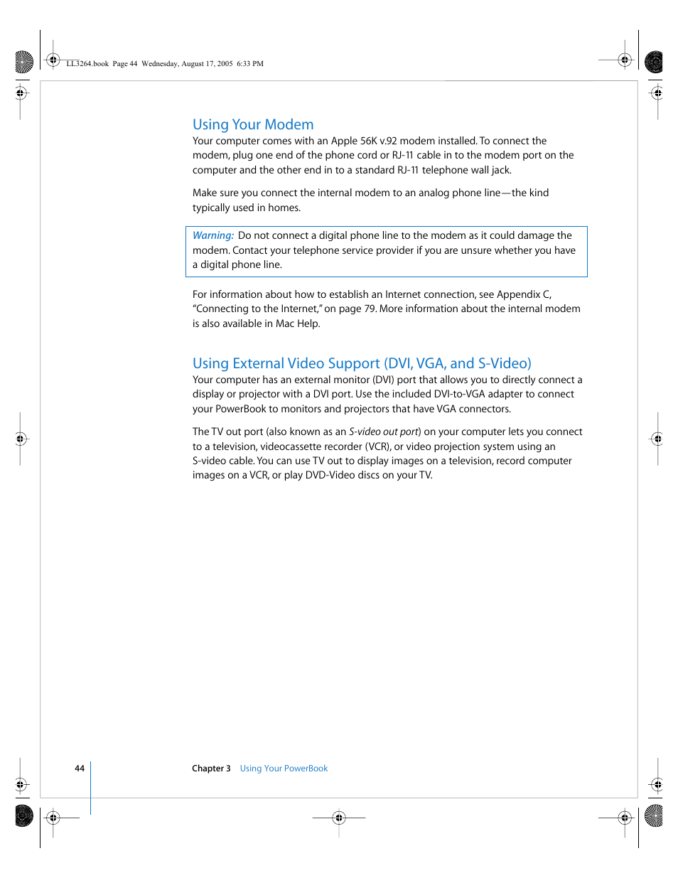 Using your modem | Apple PowerBook G4 (17-inch, Double Layer Super Drive) User Manual | Page 44 / 112