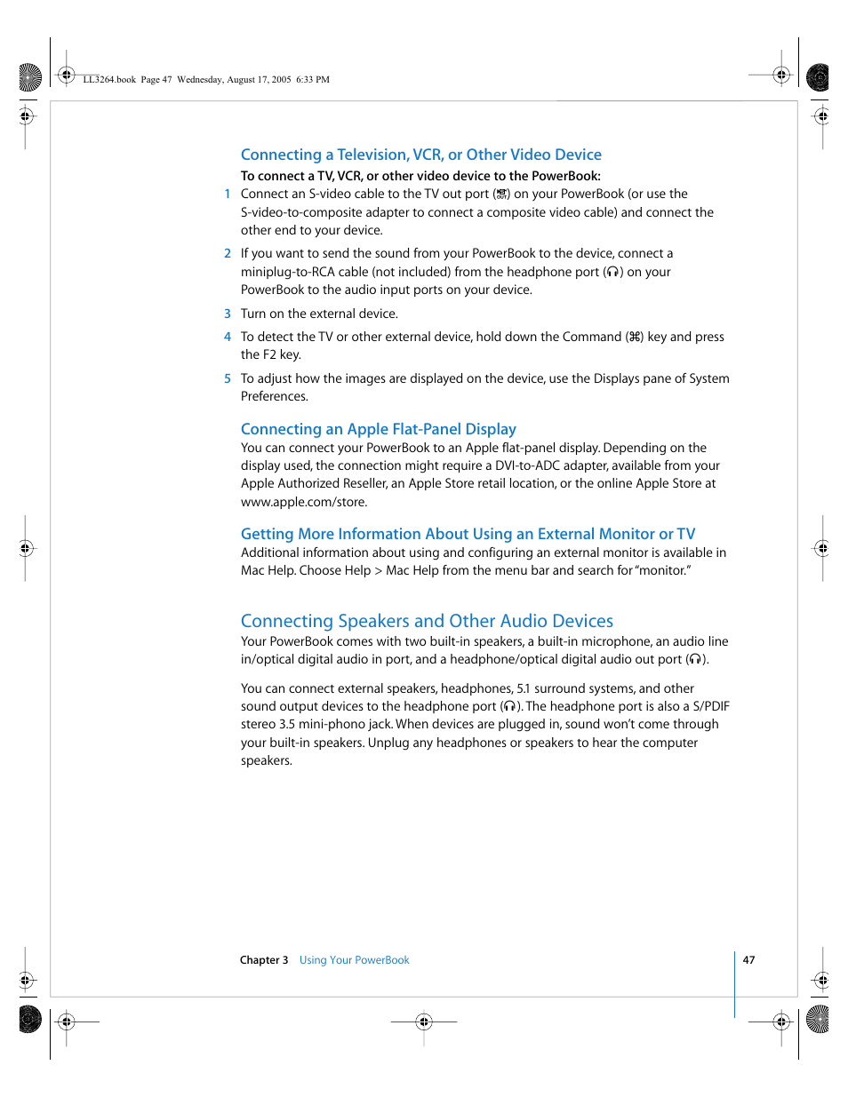Connecting an apple flat-panel display, Connecting speakers and other audio devices | Apple PowerBook G4 (17-inch, Double Layer Super Drive) User Manual | Page 47 / 112