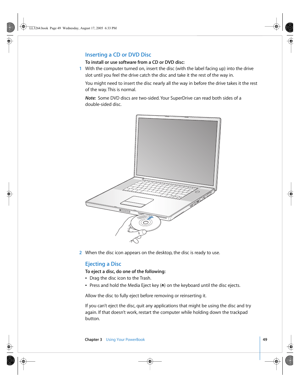 Inserting a cd or dvd disc, Ejecting a disc | Apple PowerBook G4 (17-inch, Double Layer Super Drive) User Manual | Page 49 / 112