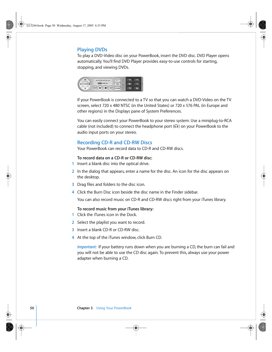 Playing dvds, Recording cd-r and cd-rw discs | Apple PowerBook G4 (17-inch, Double Layer Super Drive) User Manual | Page 50 / 112