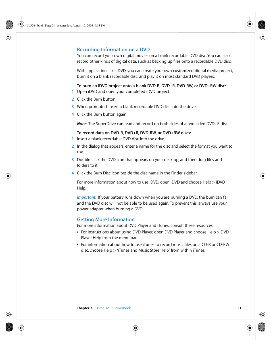 Recording information on a dvd, Getting more information | Apple PowerBook G4 (17-inch, Double Layer Super Drive) User Manual | Page 51 / 112