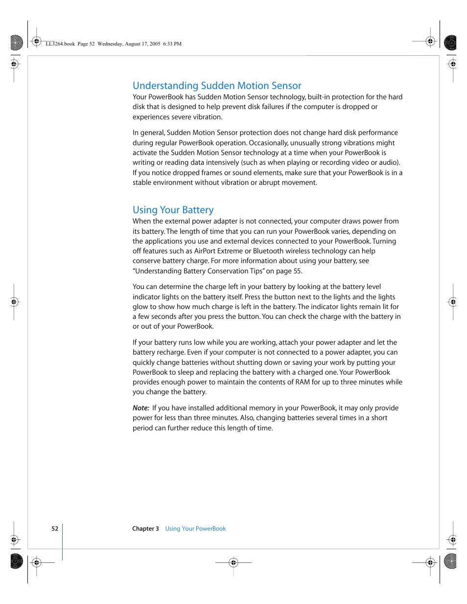 Understanding sudden motion sensor, Using your battery | Apple PowerBook G4 (17-inch, Double Layer Super Drive) User Manual | Page 52 / 112