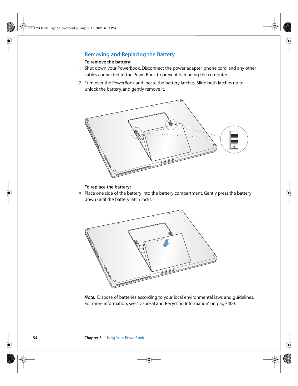 Removing and replacing the battery | Apple PowerBook G4 (17-inch, Double Layer Super Drive) User Manual | Page 54 / 112