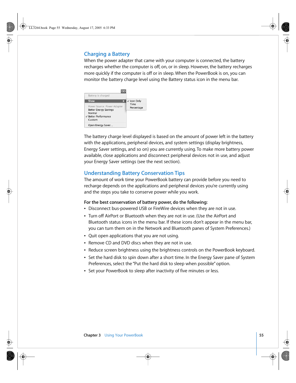 Charging a battery, Understanding battery conservation tips | Apple PowerBook G4 (17-inch, Double Layer Super Drive) User Manual | Page 55 / 112