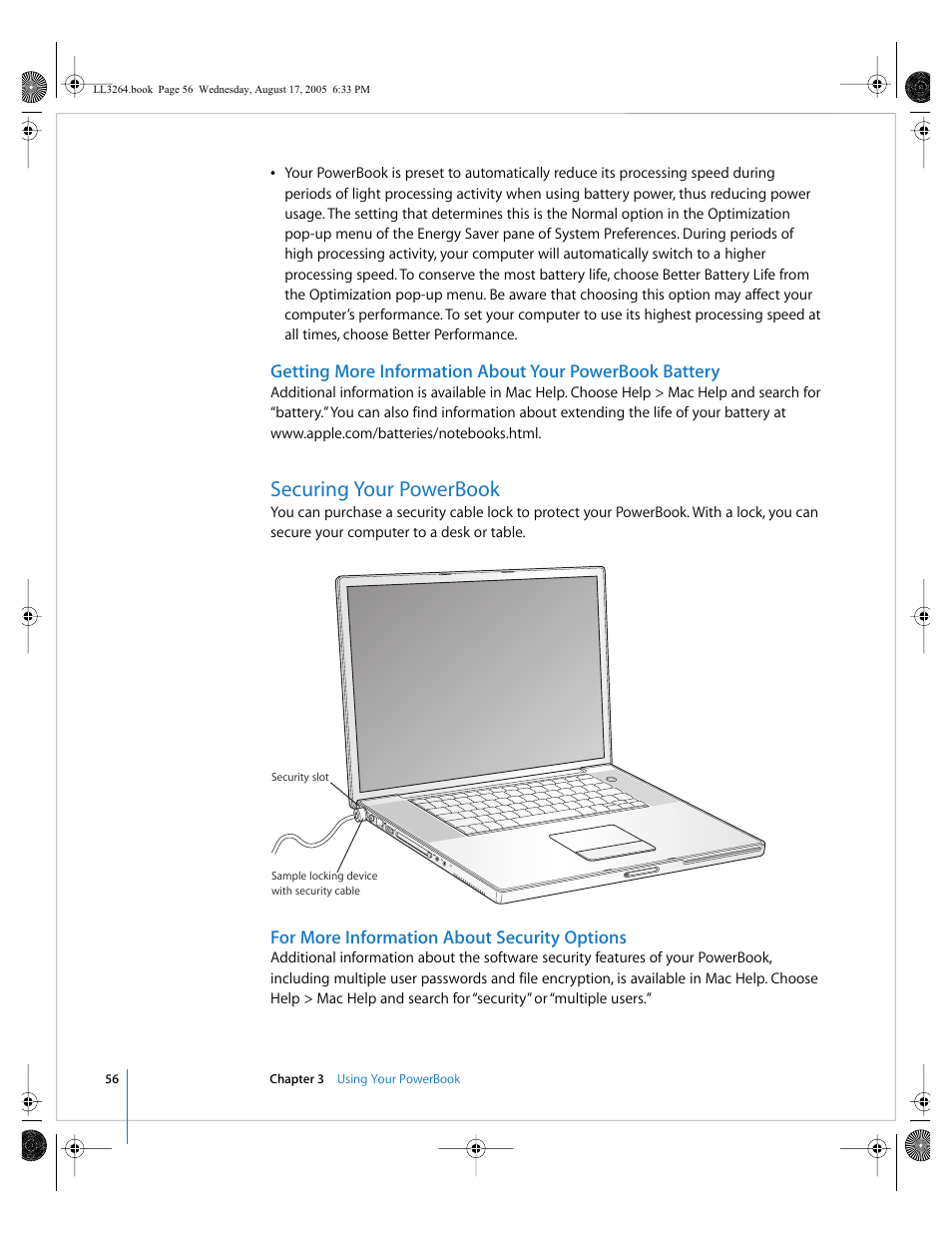 Securing your powerbook, For more information about security options | Apple PowerBook G4 (17-inch, Double Layer Super Drive) User Manual | Page 56 / 112