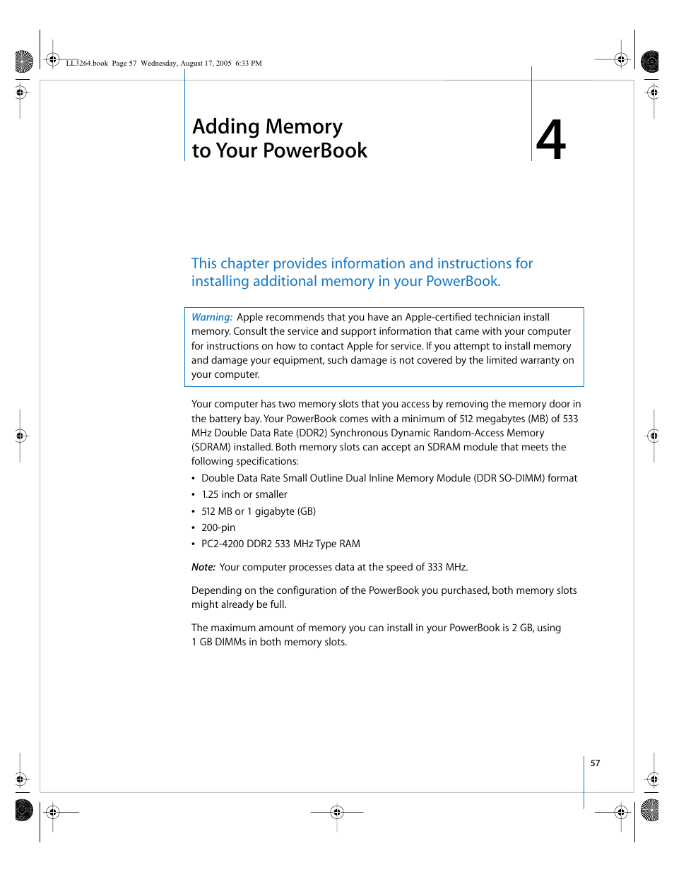 Adding memory to your powerbook, Chapter 4 | Apple PowerBook G4 (17-inch, Double Layer Super Drive) User Manual | Page 57 / 112