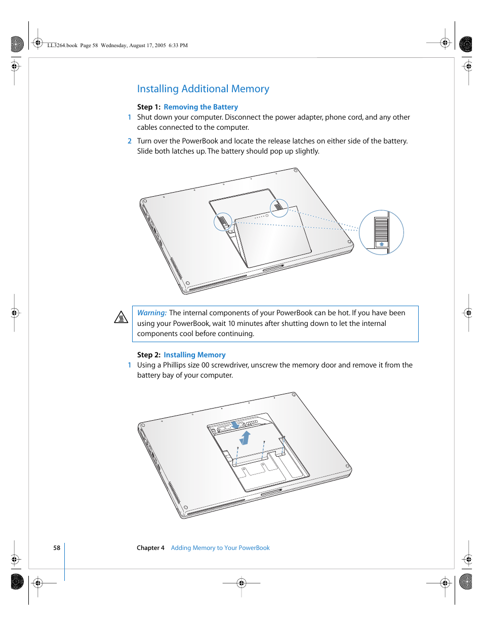 Installing additional memory | Apple PowerBook G4 (17-inch, Double Layer Super Drive) User Manual | Page 58 / 112