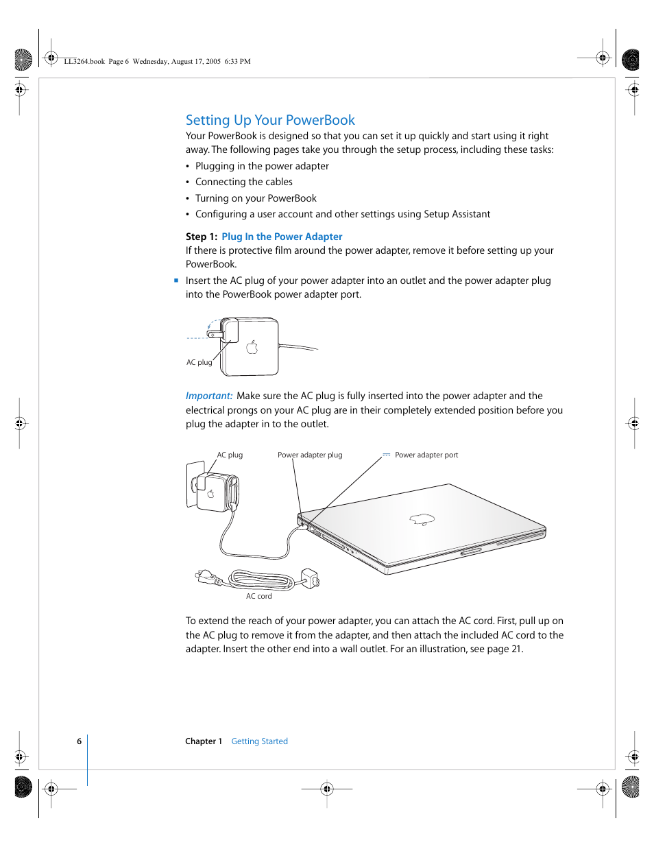 Setting up your powerbook | Apple PowerBook G4 (17-inch, Double Layer Super Drive) User Manual | Page 6 / 112