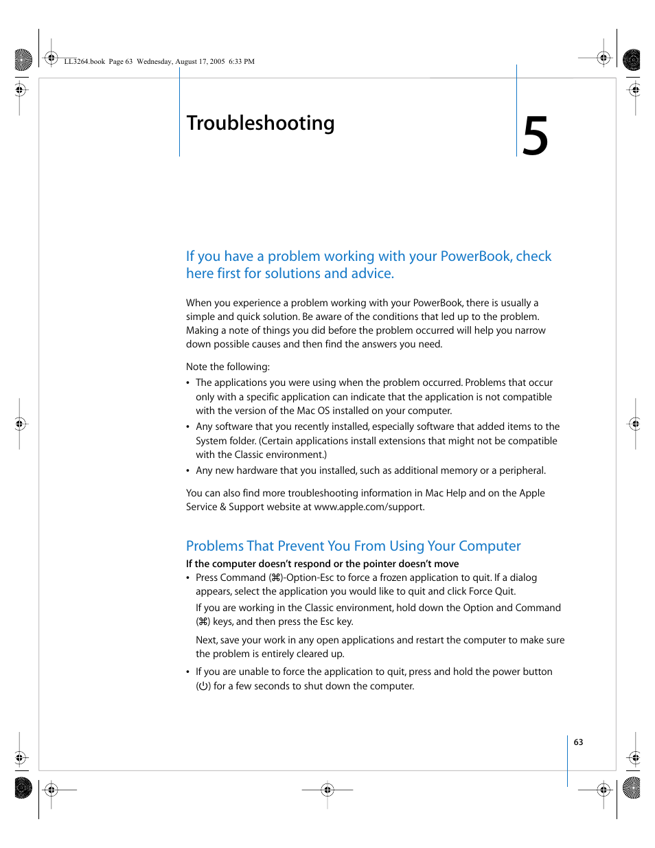 Troubleshooting, Problems that prevent you from using your computer, Chapter 5 | Apple PowerBook G4 (17-inch, Double Layer Super Drive) User Manual | Page 63 / 112