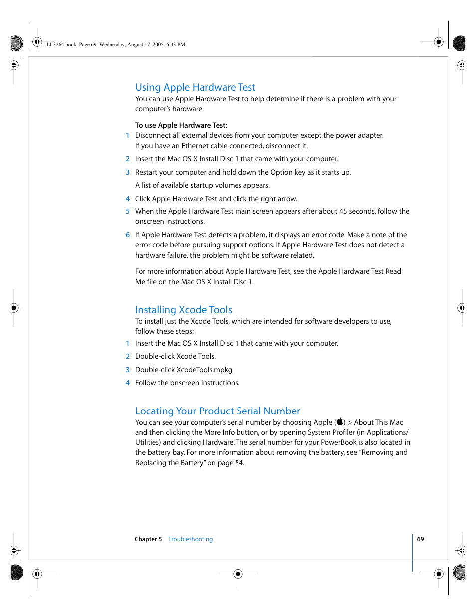 Using apple hardware test, Installing xcode tools, Locating your product serial number | Apple PowerBook G4 (17-inch, Double Layer Super Drive) User Manual | Page 69 / 112