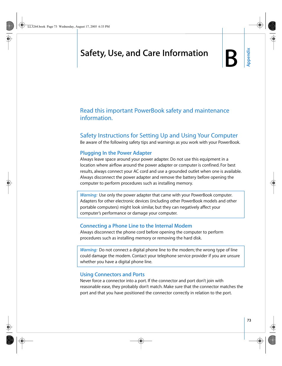 Safety, use, and care information, Plugging in the power adapter, Connecting a phone line to the internal modem | Using connectors and ports, Appendix b | Apple PowerBook G4 (17-inch, Double Layer Super Drive) User Manual | Page 73 / 112