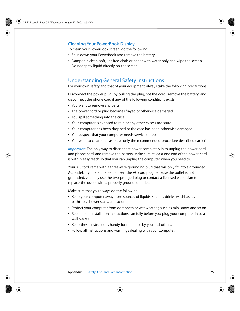 Cleaning your powerbook display, Understanding general safety instructions | Apple PowerBook G4 (17-inch, Double Layer Super Drive) User Manual | Page 75 / 112