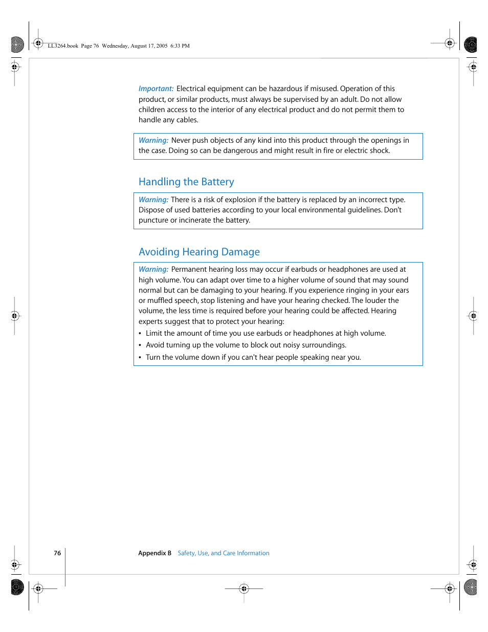 Handling the battery, Avoiding hearing damage, Handling the battery avoiding hearing damage | Apple PowerBook G4 (17-inch, Double Layer Super Drive) User Manual | Page 76 / 112