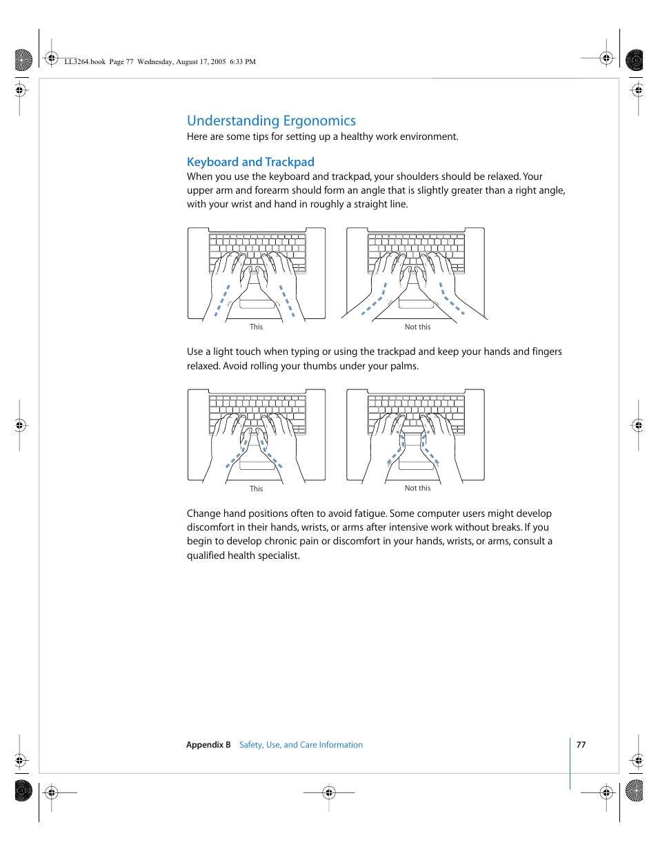 Understanding ergonomics, Keyboard and trackpad | Apple PowerBook G4 (17-inch, Double Layer Super Drive) User Manual | Page 77 / 112