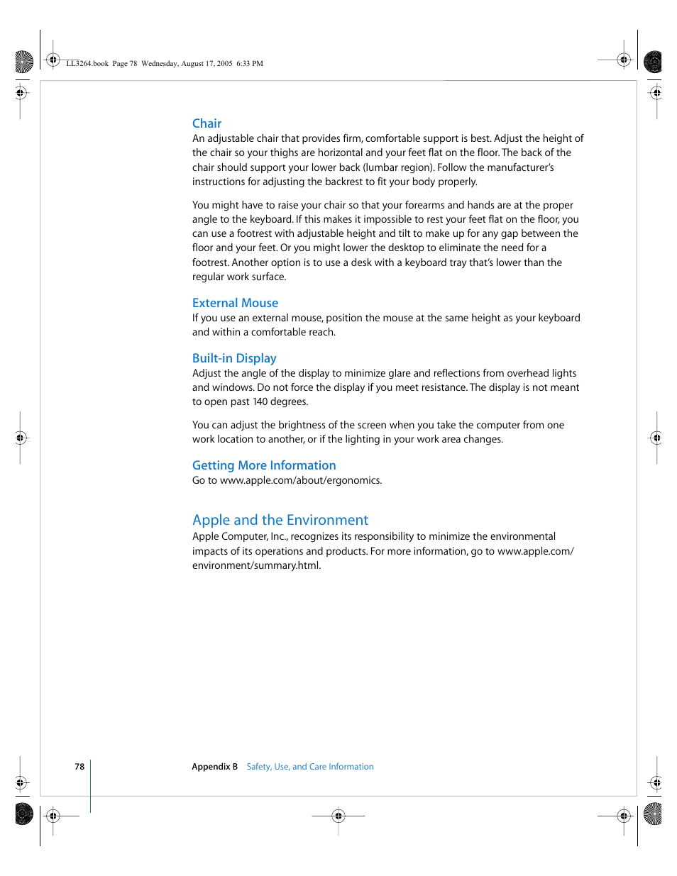 Chair, External mouse, Built-in display | Getting more information, Apple and the environment | Apple PowerBook G4 (17-inch, Double Layer Super Drive) User Manual | Page 78 / 112