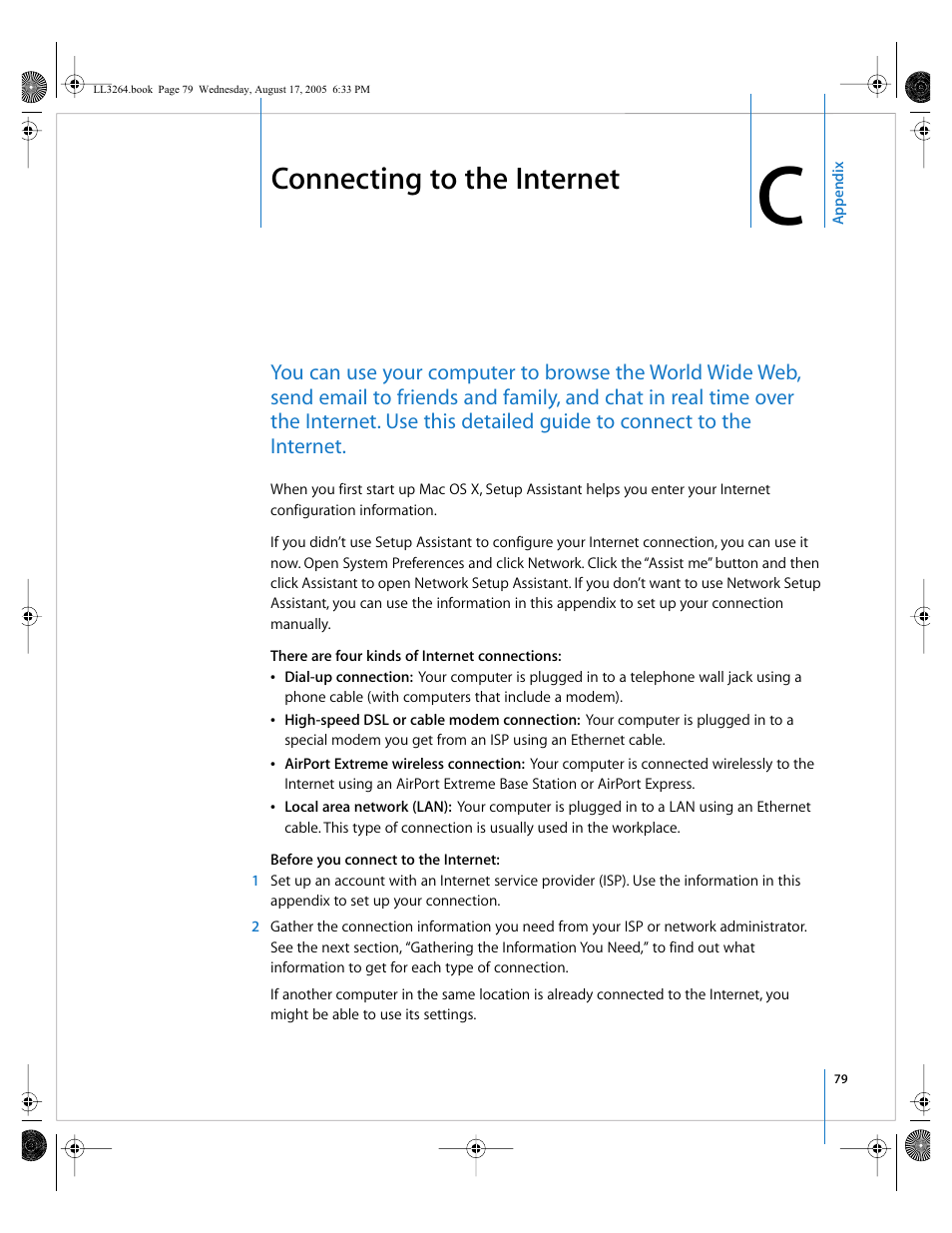 Connecting to the internet, Appendix c | Apple PowerBook G4 (17-inch, Double Layer Super Drive) User Manual | Page 79 / 112