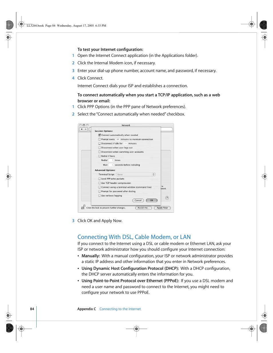 Connecting with dsl, cable modem, or lan | Apple PowerBook G4 (17-inch, Double Layer Super Drive) User Manual | Page 84 / 112