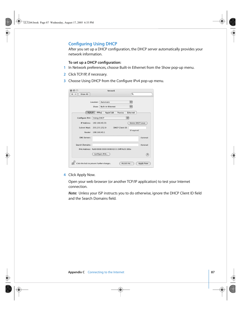 Configuring using dhcp | Apple PowerBook G4 (17-inch, Double Layer Super Drive) User Manual | Page 87 / 112