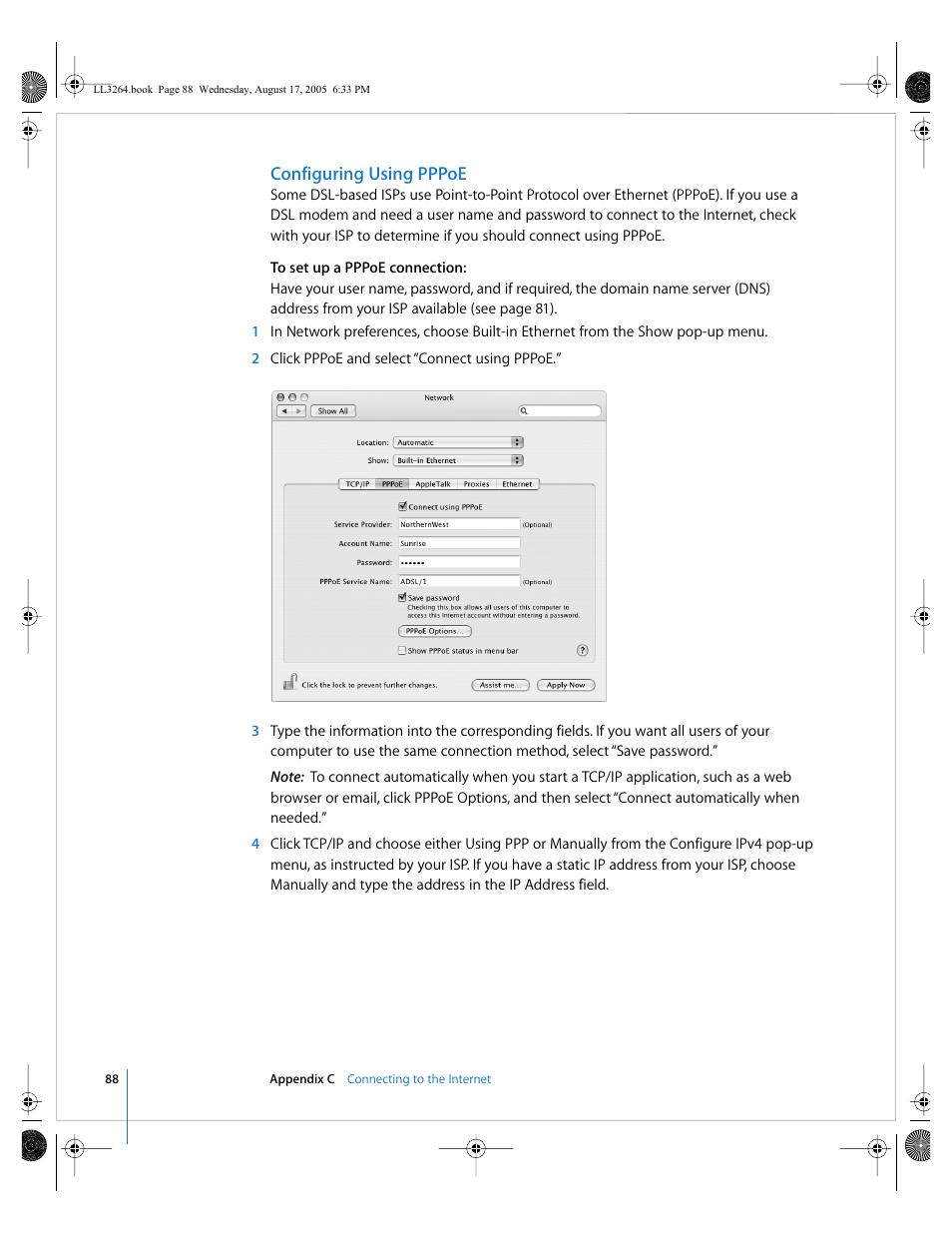 Configuring using pppoe | Apple PowerBook G4 (17-inch, Double Layer Super Drive) User Manual | Page 88 / 112